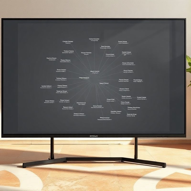Mapa editorial de temas con clusters conectados en un monitor grande