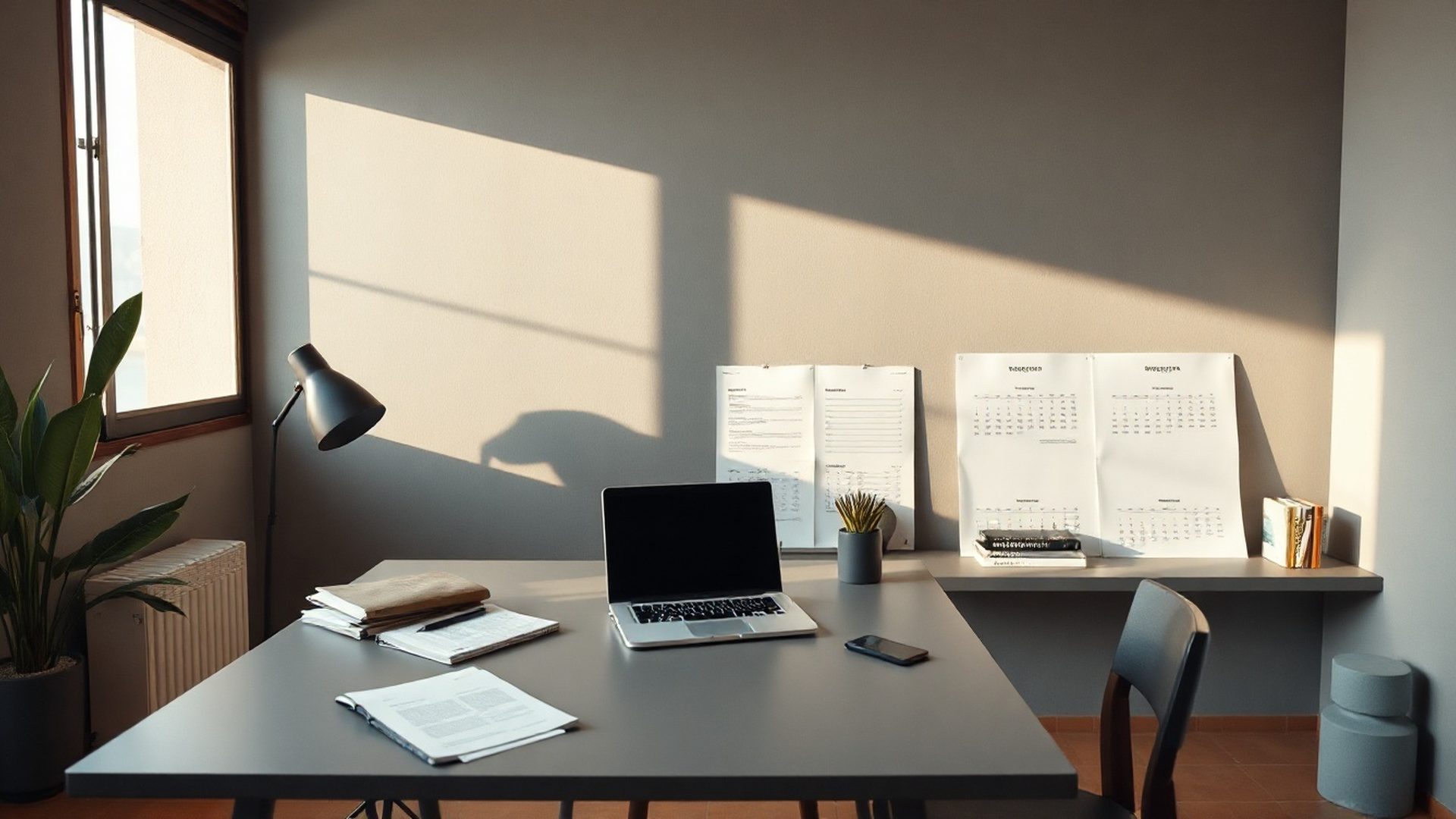Estudio editorial en Barcelona con calendarios impresos y portátil abierto
